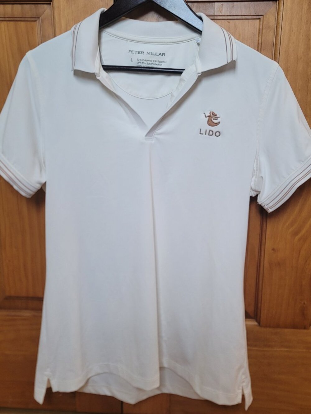 Peter Millar Camel Betty Short Sleeve Polo Lido Resort Golf UPF 50 wicking L